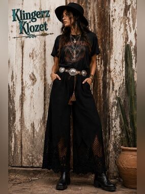 Swiss dot Miss Me Black Wide-Leg Crochet Hem Pants NWT